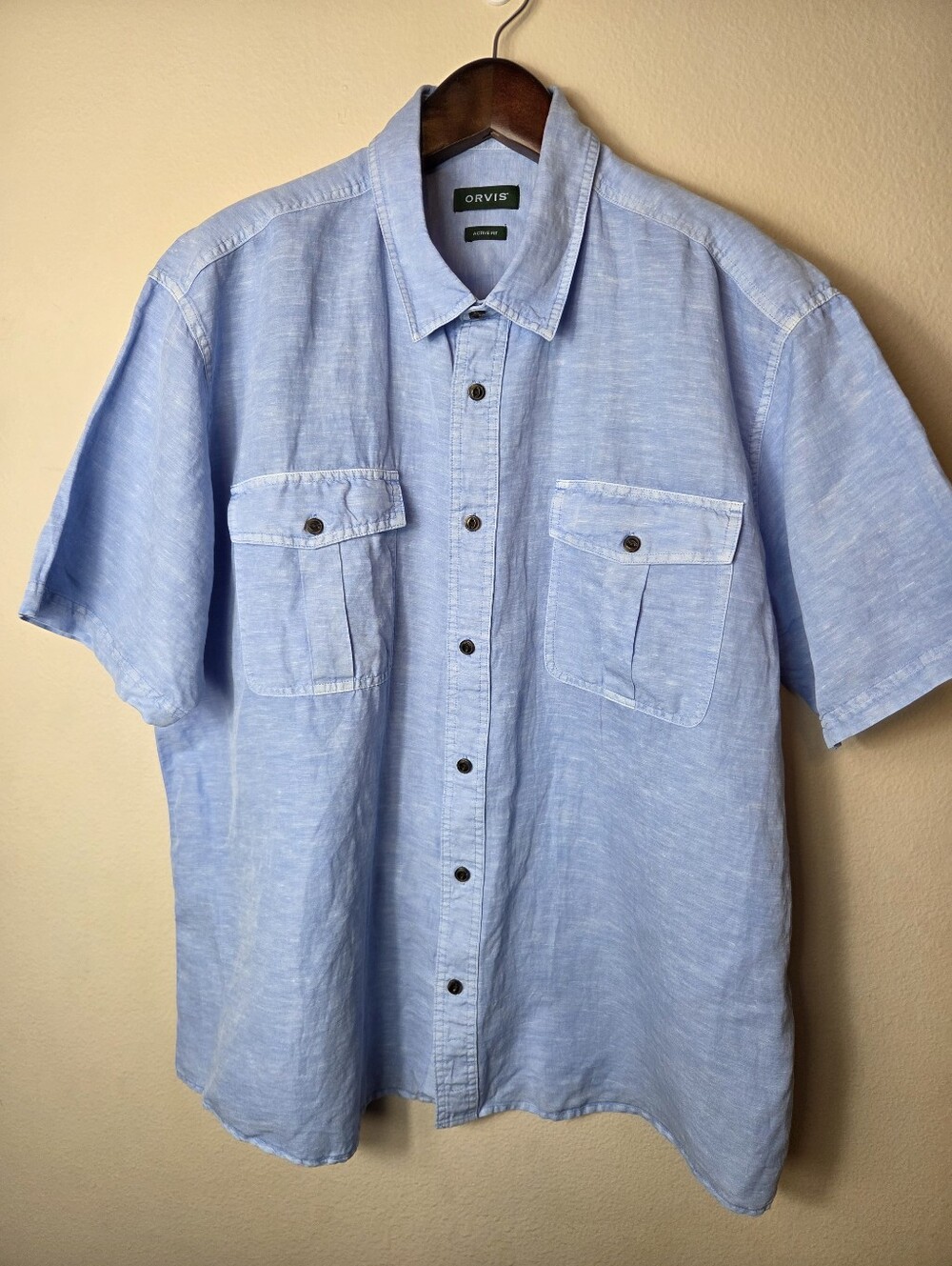 Orvis Short Sleeve Button Shirt XXL TriBlend Light Blue Linen Cotton Silk